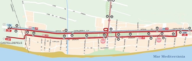 Mapa con la localización de todas las paradas y líneas de autobús de Gavà Mar y Gavà